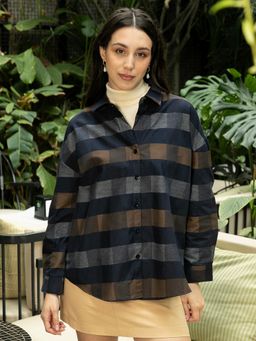 PINACOLADA - Women Mocha Brown Moon Grey Block Buffalo Check Oversized Shirt