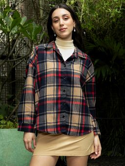 PINACOLADA - Women Buff Beige Scarlet Red Shadow Tartan Plaid Oversized Shirt