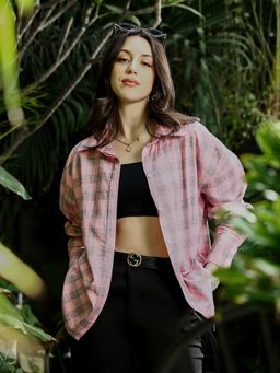 PINACOLADA - Women Rose Pink Buffalo Check Oversized Shirt