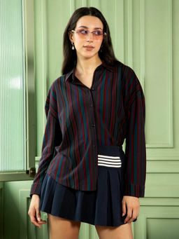 PINACOLADA - Women Crimson Red Midnight Blue Jamaican Striped Oversized Shirt