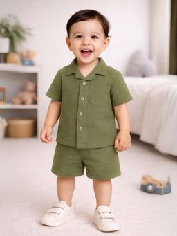 Kidbea - Cotton Shirt & Pant Dark Green Co-Ord (Set of 2)