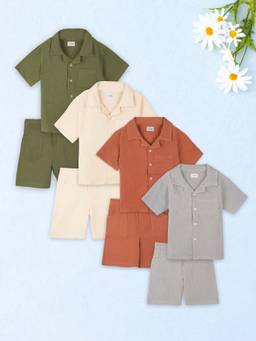 Kidbea - Cotton Shirt & Pant For Kids Stylish Short Sleeve Shirt & Shorts (Set of 4)