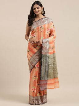 Banarasi Silk Works - Peach Matka Silk Tilfi Boota Zari Border Saree with Unstitched Blouse