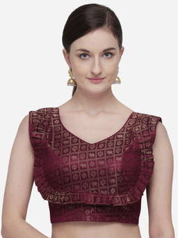 Amrutam Fab - Womens Printed Maroon Jacquard Stiched Blouse With V Neck
