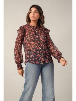 Twenty Dresses by Nykaa Fashion - Black and Red Floral Sheer Smocked Cuff Button Down Shirt