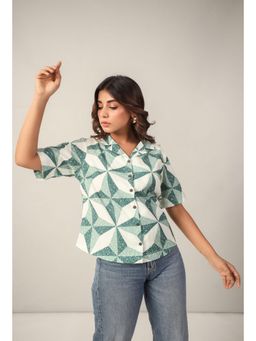 Twenty Dresses by Nykaa Fashion - Green and White Geometric Print Cotton Poplin Boxy Shirt