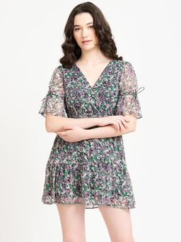 Twenty Dresses by Nykaa Fashion - Black & Green Poly Chiffon Ditsy Floral Mini dress