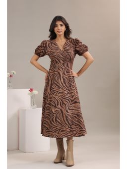 Twenty Dresses by Nykaa Fashion - Women Brown Animal Print Cotton Linen Midi Dress