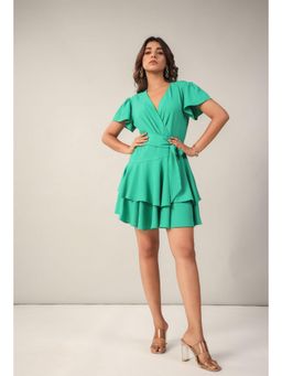 Twenty Dresses by Nykaa Fashion - Emerald Green Wrap Ruffle Mini Dress with Belt