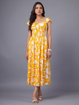 Twenty Dresses by Nykaa Fashion - Yellow and White Tropical Printed Midi Dress