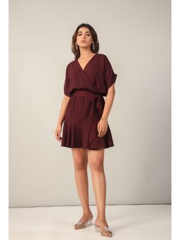 Twenty Dresses by Nykaa Fashion - Wine V Neck Cinched Waist Mini Dress with Belt