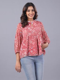 Twenty Dresses by Nykaa Fashion - Elegant Red Floral Printed Flowy Top