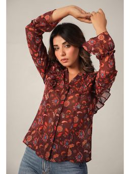 Twenty Dresses by Nykaa Fashion - Brown Floral Button Down Collar Full Sleeves Shirt