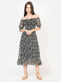Twenty Dresses by Nykaa Fashion - Womens Flower Printed Black Lurex Chiffon Midi Dresses