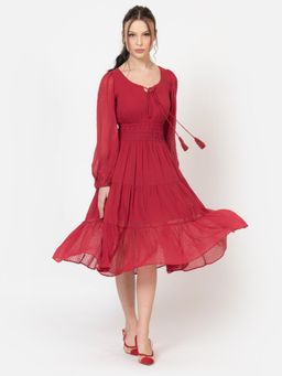 Twenty Dresses by Nykaa Fashion - Womens Red Hot Dobby Chiffon Cinched Waist Midi Dress