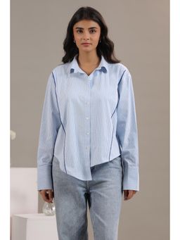 Twenty Dresses by Nykaa Fashion - Women Blue & White Asymmetric Stripe Cotton Shirt