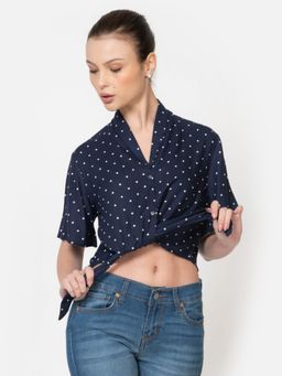 Twenty Dresses by Nykaa Fashion - Womens Printed Polka Dot Navy Blue Rayon Summer Crop Shirt