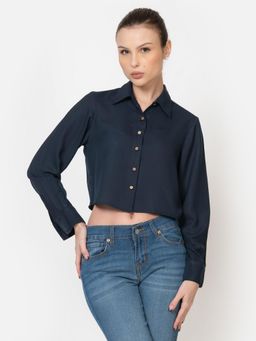 Twenty Dresses by Nykaa Fashion - Womens Solid Navy Poly Moss Shirt Collar Crop Shirt