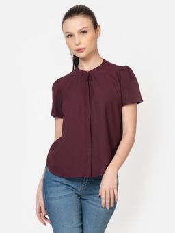 Twenty Dresses by Nykaa Fashion - Women's Casual Maroon Poly Moss Half Sleeve Western Shirt