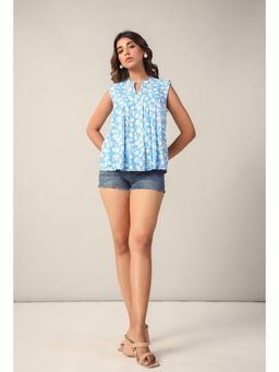 Twenty Dresses by Nykaa Fashion - Blue Ditsy Floral Sleeveless Pleated Top for Women