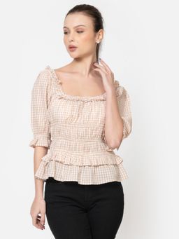 Twenty Dresses by Nykaa Fashion - Womens Cotton Seersucker Gingham Check Brown Shirt Top