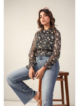 Twenty Dresses by Nykaa Fashion - Black Floral Chiffon Lurex Peplum Top
