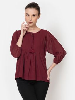 Twenty Dresses by Nykaa Fashion - Womens Stylish Maroon Georgette Solid Office Wear Tops
