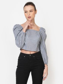 Twenty Dresses by Nykaa Fashion - Womens Cotton Seersucker Gingham Checkered White Blue Crop Top
