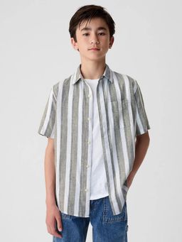 GAP - Green Boy's Relaxed Fit Vertical Striped Spread Collar Shirt