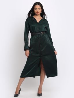 SHAYE - Women Bottle Green Notch Collar Solid Full Sleeves Party Midi Dress with Belt