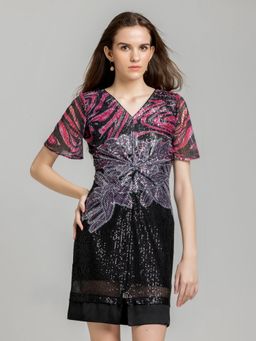 SHAYE - Women Black V-Neck Floral Print Sequinned Half Sleeves Mini Party Dress