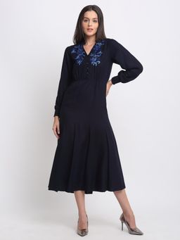 SHAYE - Women Navy Blue V-Neck Embroidered Full Sleeves Party Midi Dress