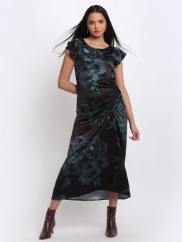 SHAYE - Women Black Boat Neck Floral Print Ruffled Sleeves Party Maxi Dress