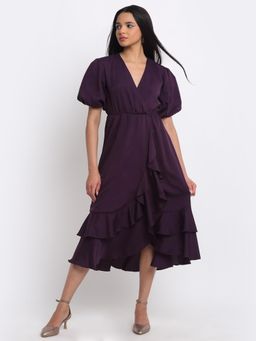 SHAYE - Women Purple V-Neck Solid Puff Sleeves Party Midi Dress