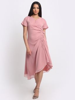 SHAYE - Pink V-Neck Solid Short Sleeves Party Dresses For Women