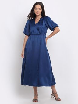 SHAYE - Blue V-Neck Solid Short Sleeves Party Dresses For Women