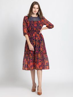 SHAYE - Women Round Neck Navy Blue Floral Three-Quarter Sleeves Casual Midi Dress
