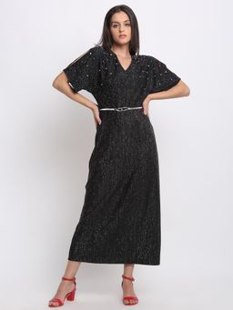SHAYE - Women Black V-Neck Embellished Half Sleeves Party Maxi Dress with Belt
