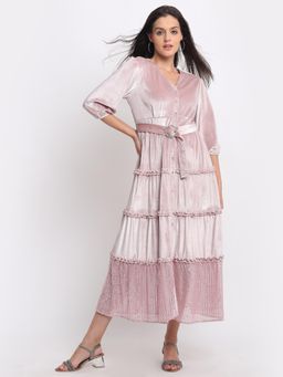 SHAYE - Women Pink V-Neck Solid Three-Quarter Sleeves Party Midi Dress with Belt