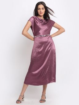 SHAYE - Women Mauve Cowl Neck Solid Cap Sleeves Party Midi Dress with Belt