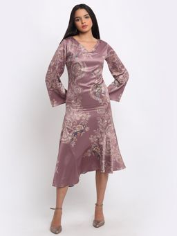 SHAYE - Women Dusty Pink V-Neck Floral Print Full Sleeves Party Midi Dress