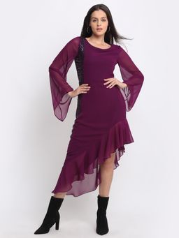 SHAYE - Women Purple Round Neck Sequinned Full Sleeves Party Midi Dress