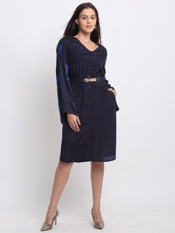 SHAYE - Women Navy Blue V-Neck Solid Full Sleeves Party Knee Length Dress with Belt