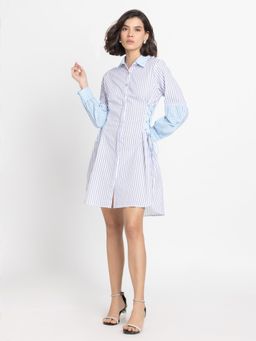 SHAYE - Women White Shirt Collar Stripe Print Full Sleeves Casual Knee Length Dress
