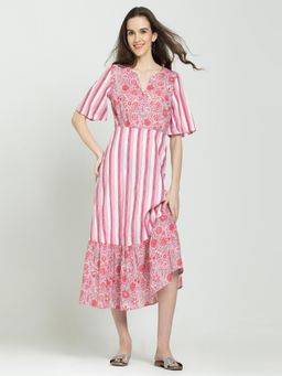 SHAYE - Women Pink V-Neck Floral Print Half Sleeves Casual Midi Dress