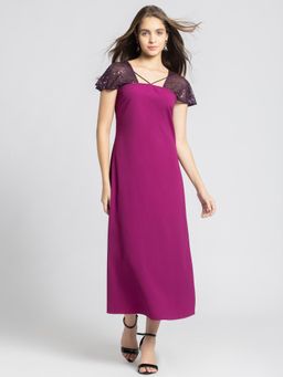 SHAYE - Women Square Neck Purple Embellished Cap Sleeves Party Maxi Dress