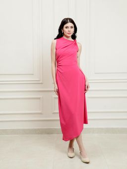 AAREIN - Fuchsia Pink Knotted Asymmetric Midi Dress