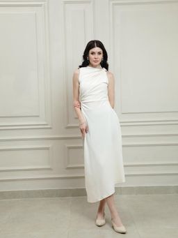 AAREIN - Cream Knotted Asymmetric Midi Dress