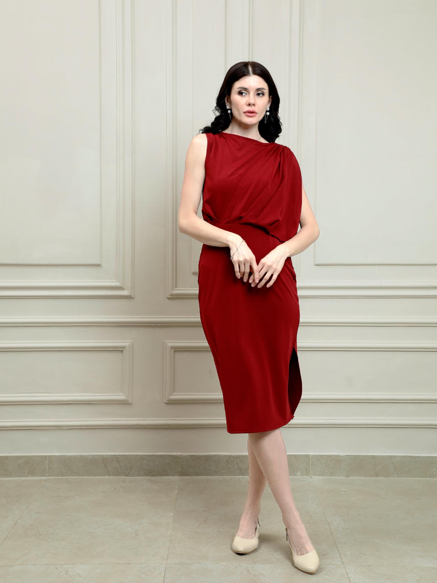 Maroon Draped Solid Knee Length Dress-image-46
