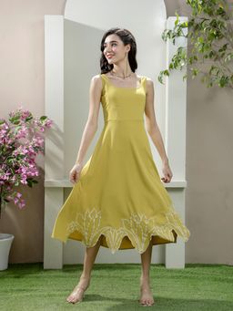 AAREIN - Mustard Embroidered Flared Midi Dress